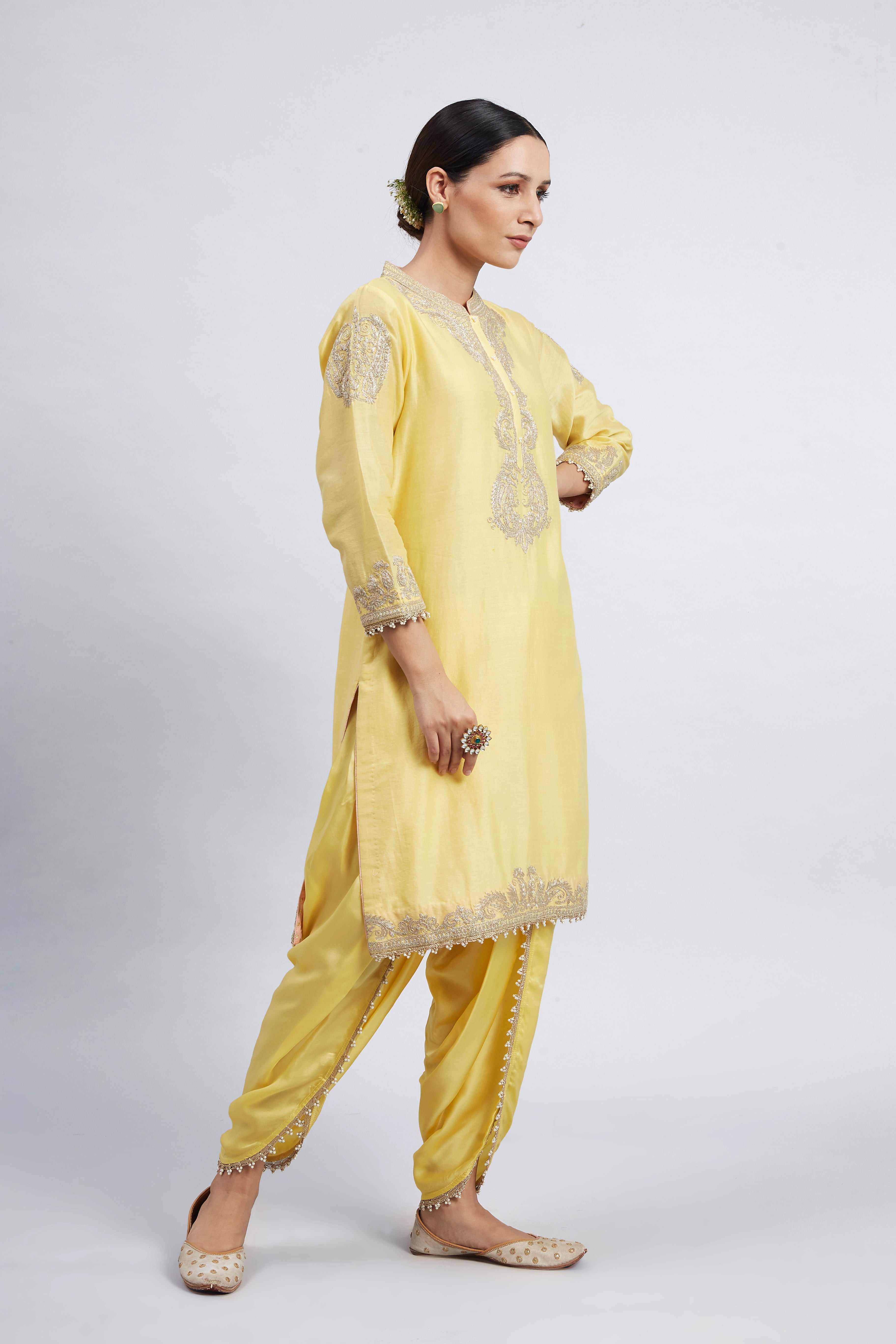 Aabisah- Daffodil Yellow Embroidered Kurta With Dhoti