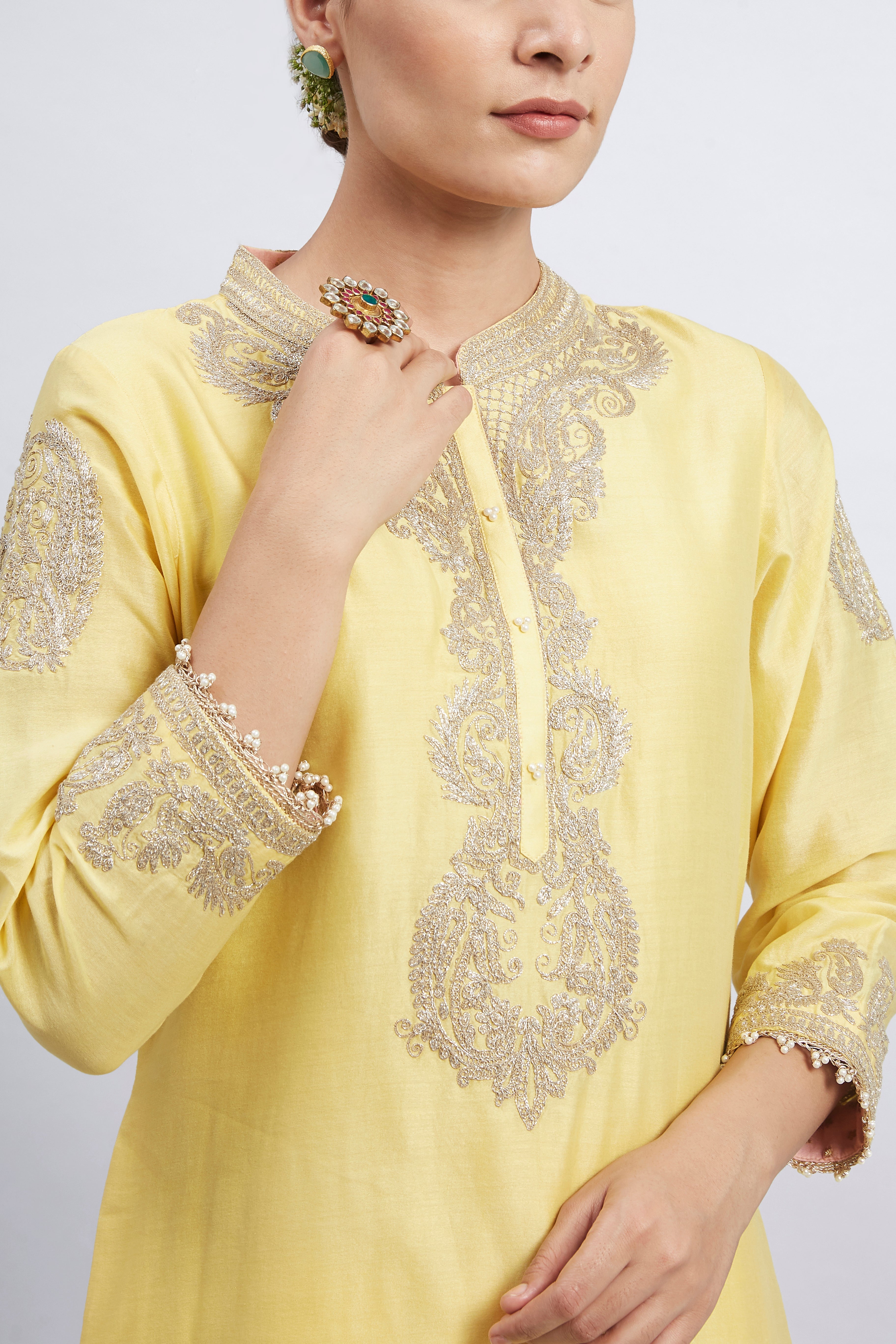 Aabisah- Daffodil Yellow Embroidered Kurta With Dhoti