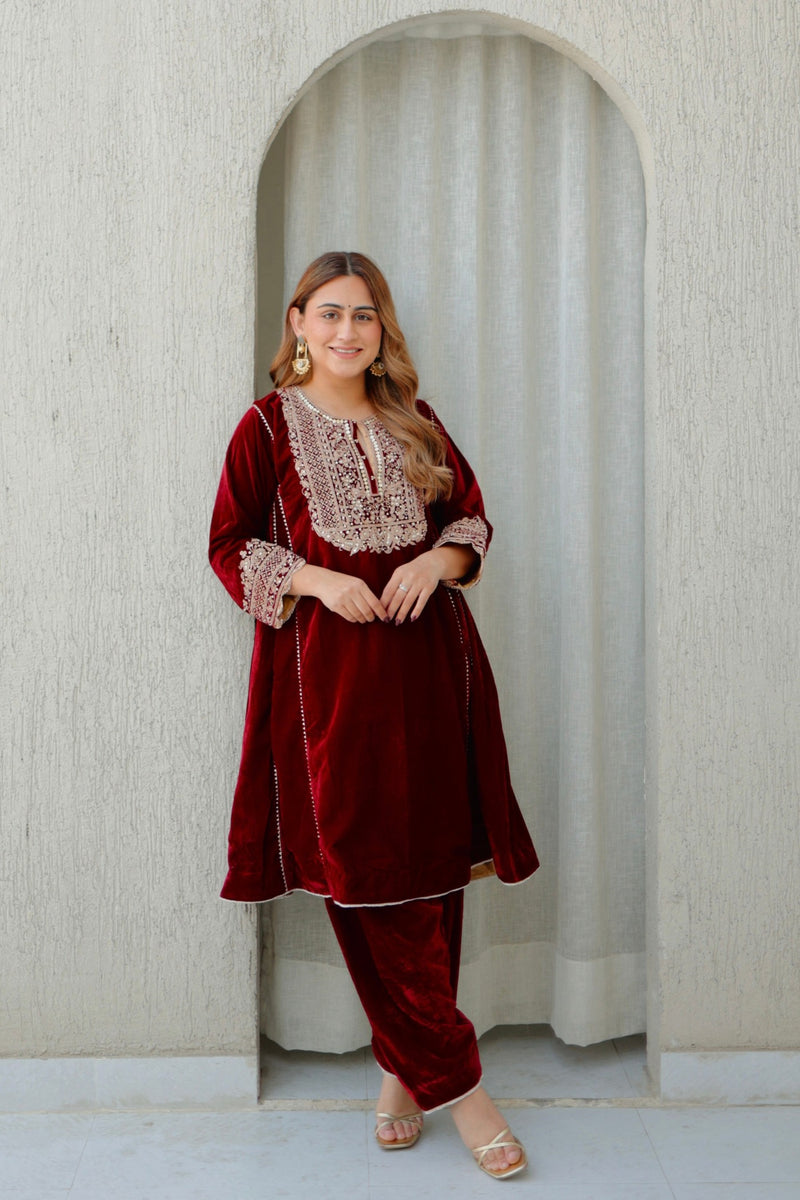 Nisreen - Maroon Silk Velvet Short Kalidaar Chauga with Salwar