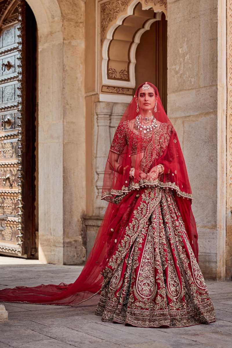 Mahanoor - Dabka Zardozi Embroidered Pure Silk Red Bridal Lehenga Set