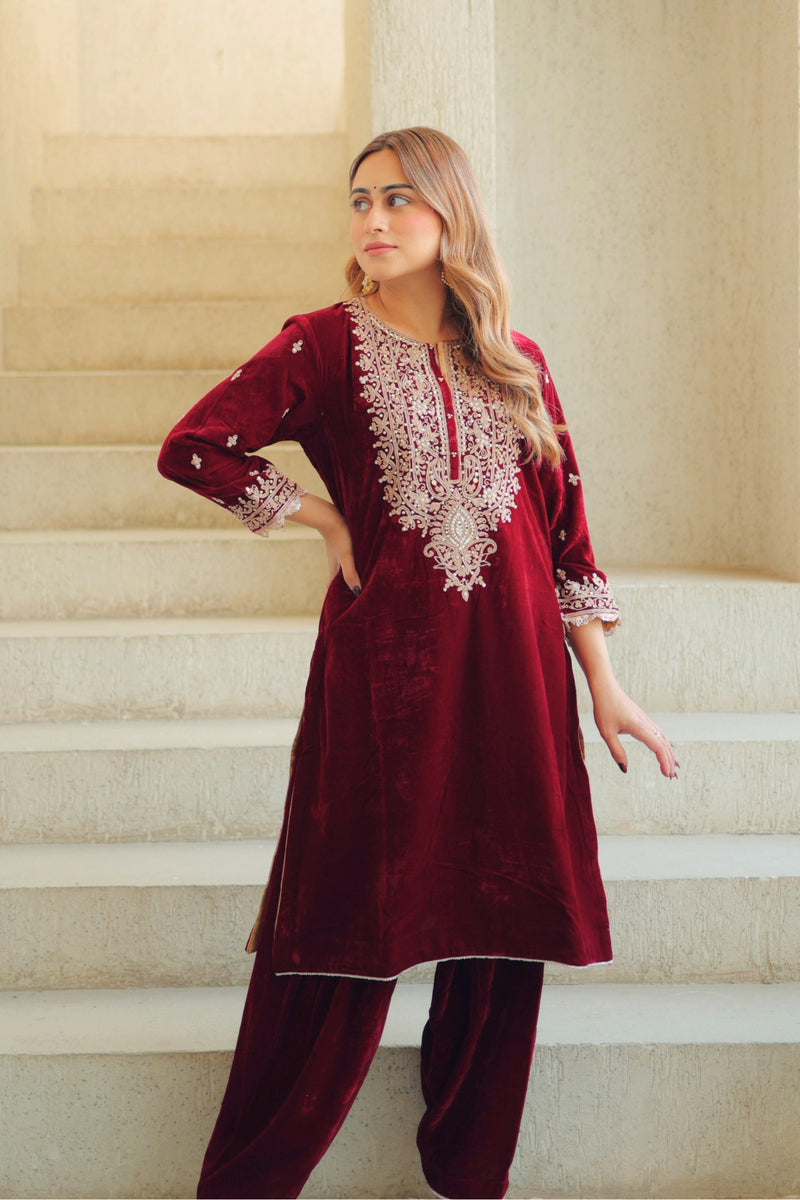 Naima - Maroon Silk Velvet Short Kurta with Salwar