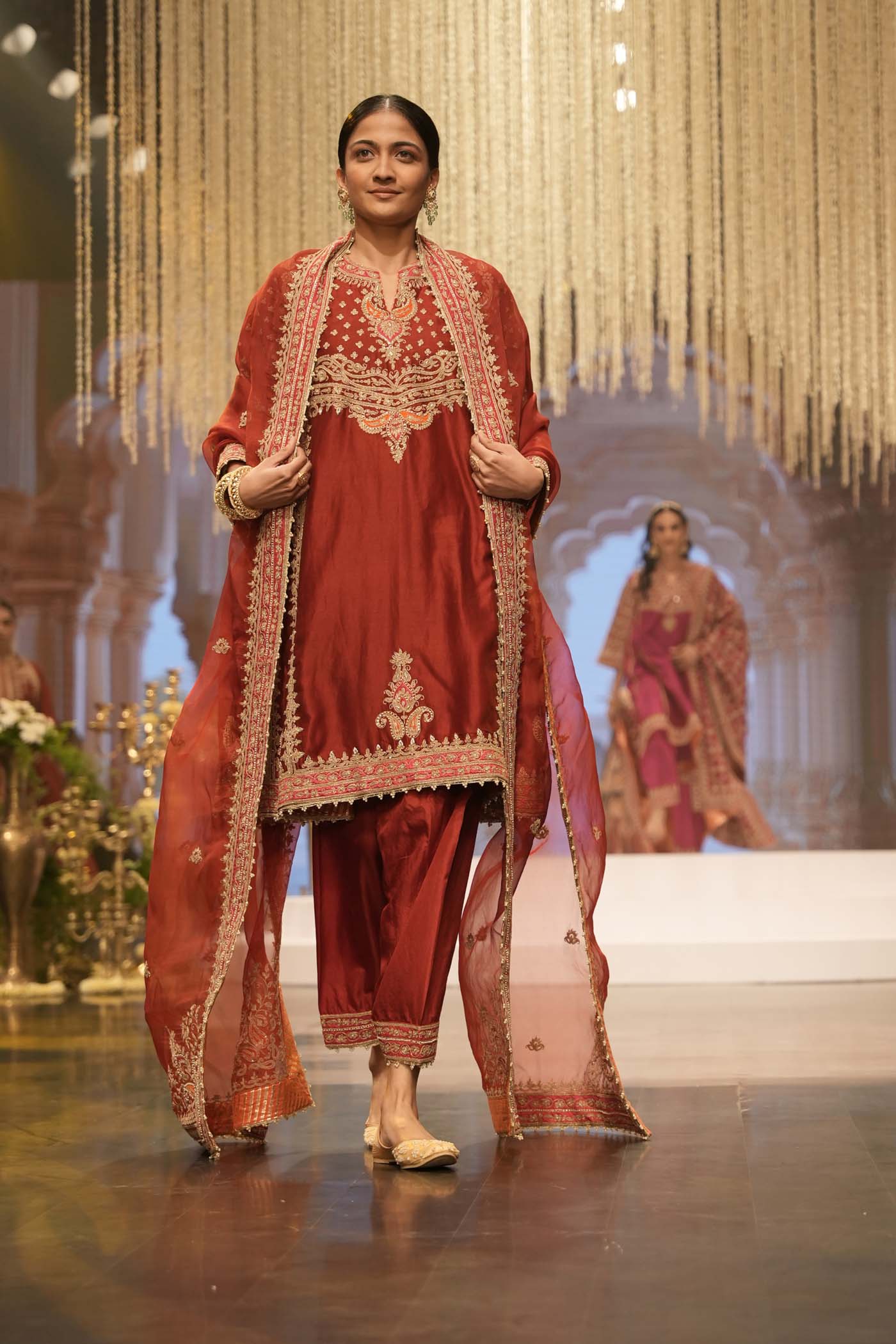 Shahzain - Deep Red Knee Length Kalidaar Chauga with Salwar