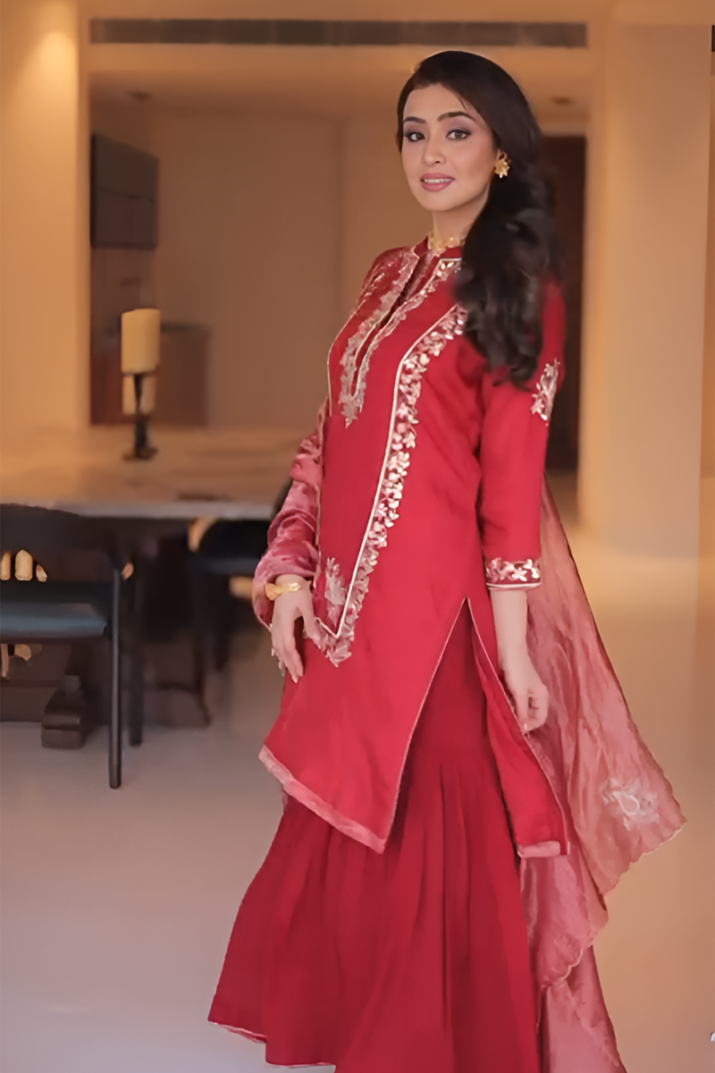 Muskan Sethi- Rani Hotpink Habutai silk Gota patti embroidered kurta with garara and dupatta