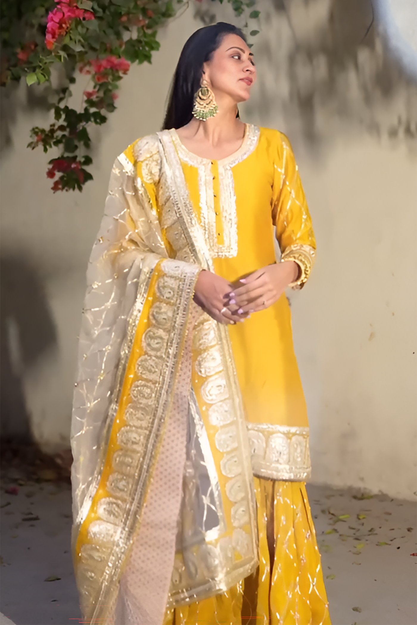 Sukhneet Wadhwa IN Shabina- Glaze Mustard  short kurta with garara and dupatta