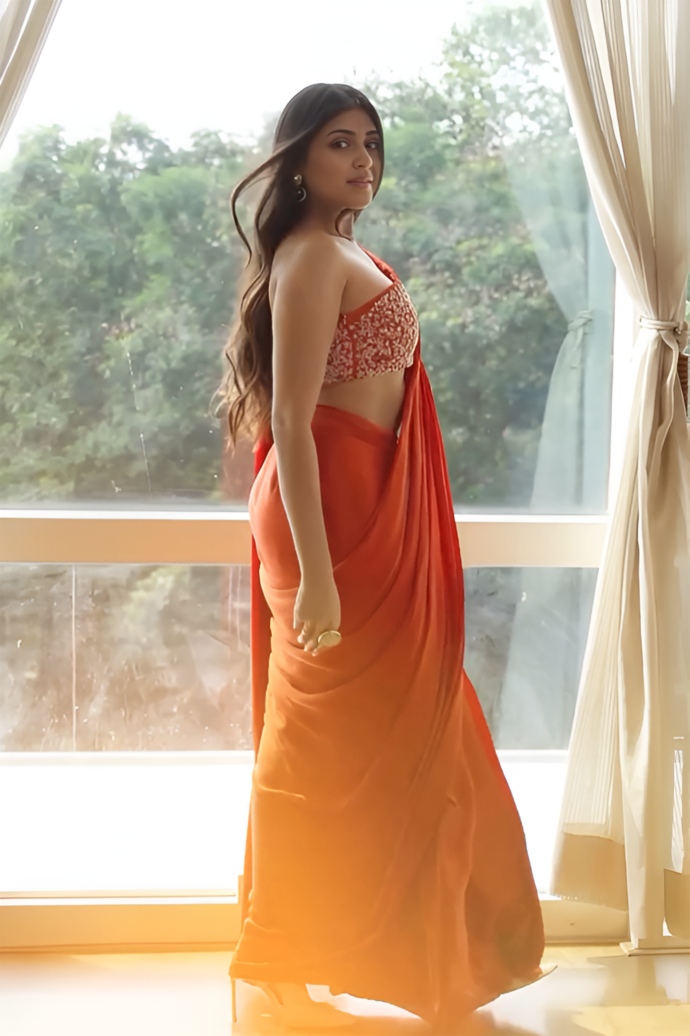 Vedika Mehta In Rumaan - Burnt Orange Drape Saree Set