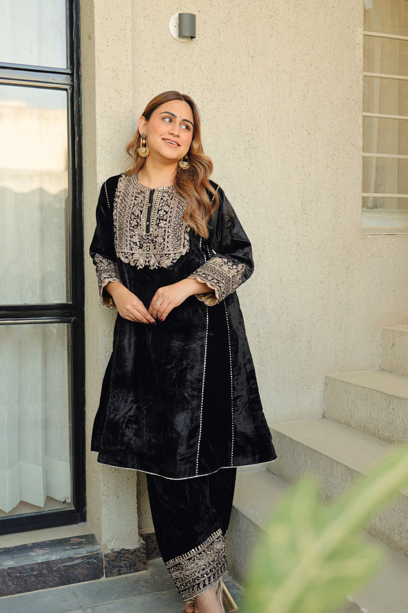 Nisreen - Black Silk Velvet Short Kalidaar Chauga with Salwar