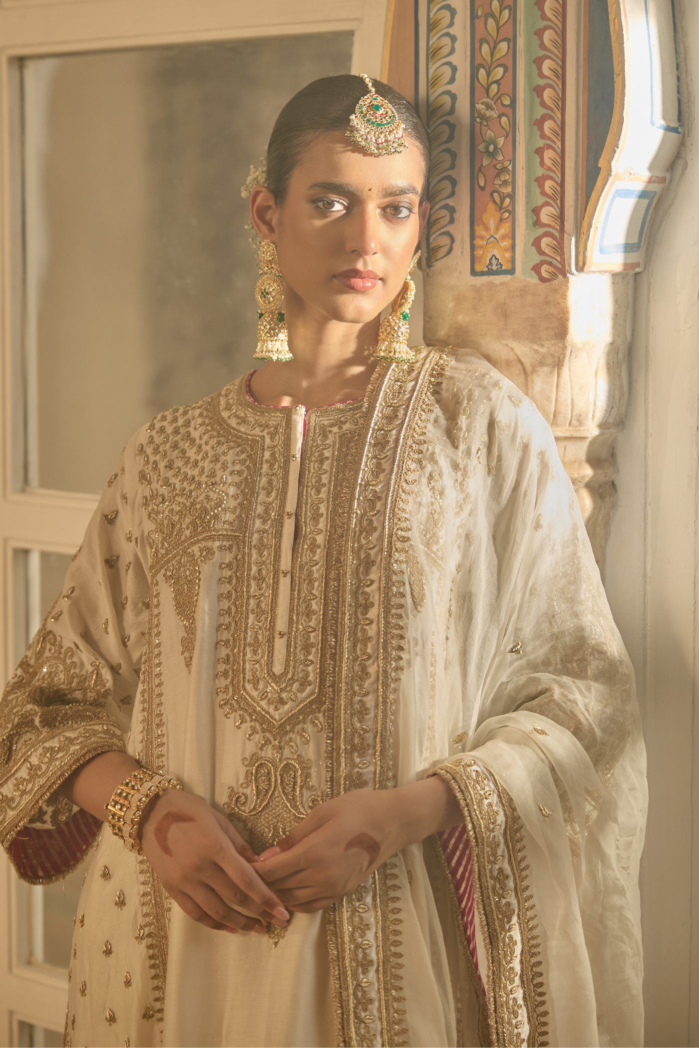 Zoya - Dabka Zardozi Embroidered Rich Banarasi Kalidaar Daisy Ivory Long Chauga Set