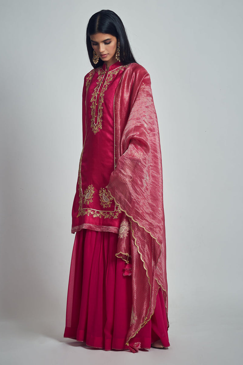Nasira- Hotpink Pink Habutai Silk Gota Patti Embroidered Kurta With Garara And Dupatta
