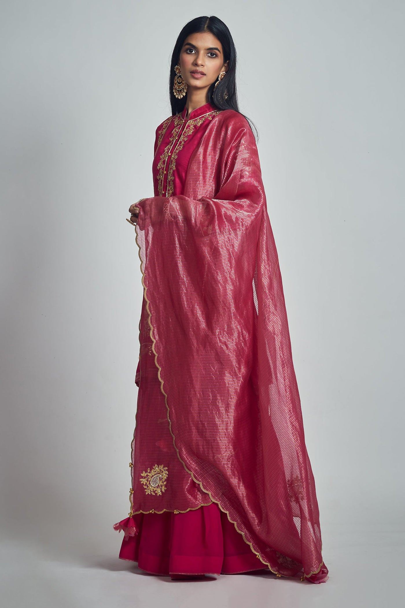 Nasira- Hotpink Pink Habutai Silk Gota Patti Embroidered Kurta With Garara And Dupatta