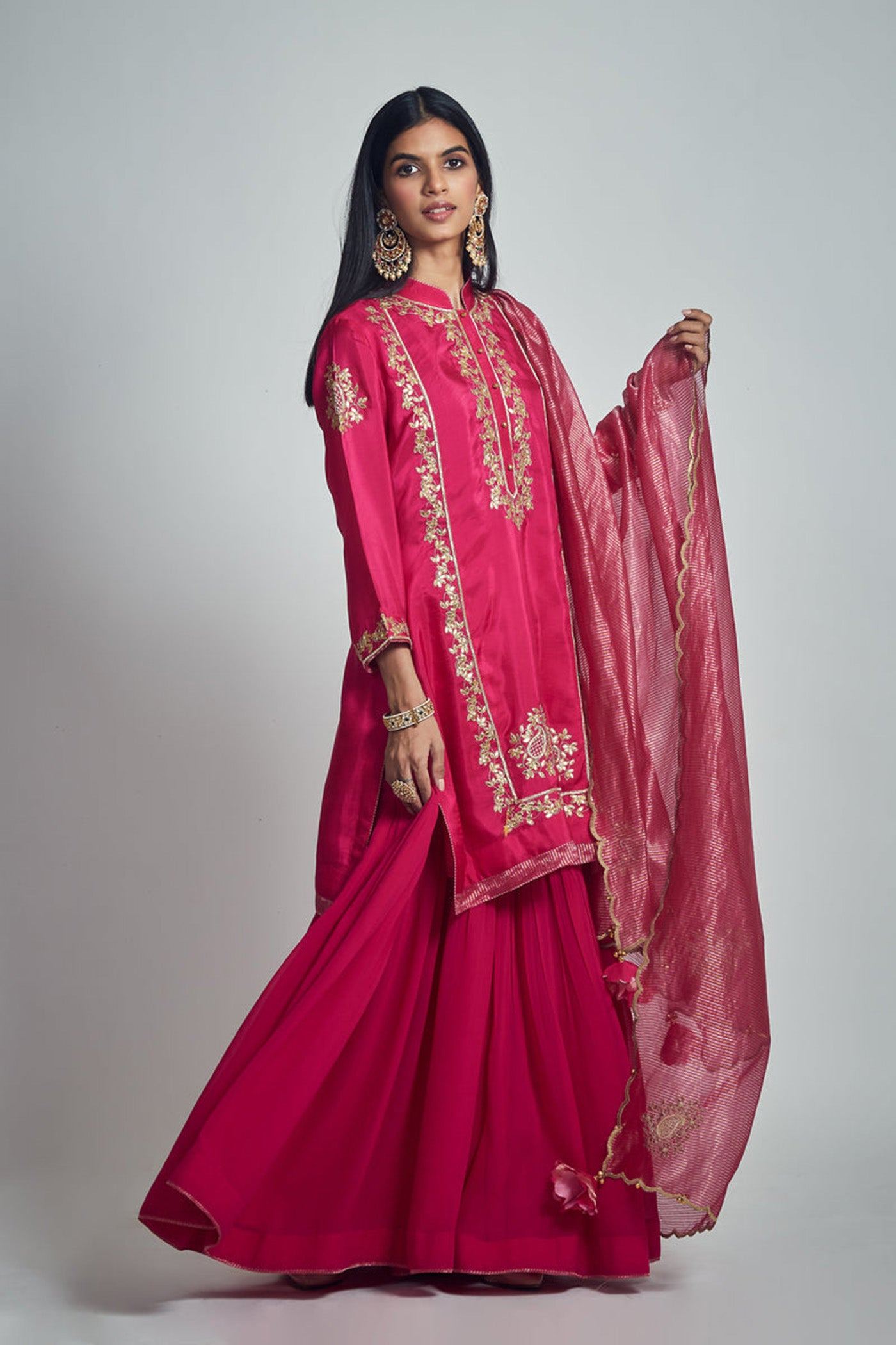 Nasira- Hotpink Pink Habutai Silk Gota Patti Embroidered Kurta With Garara And Dupatta