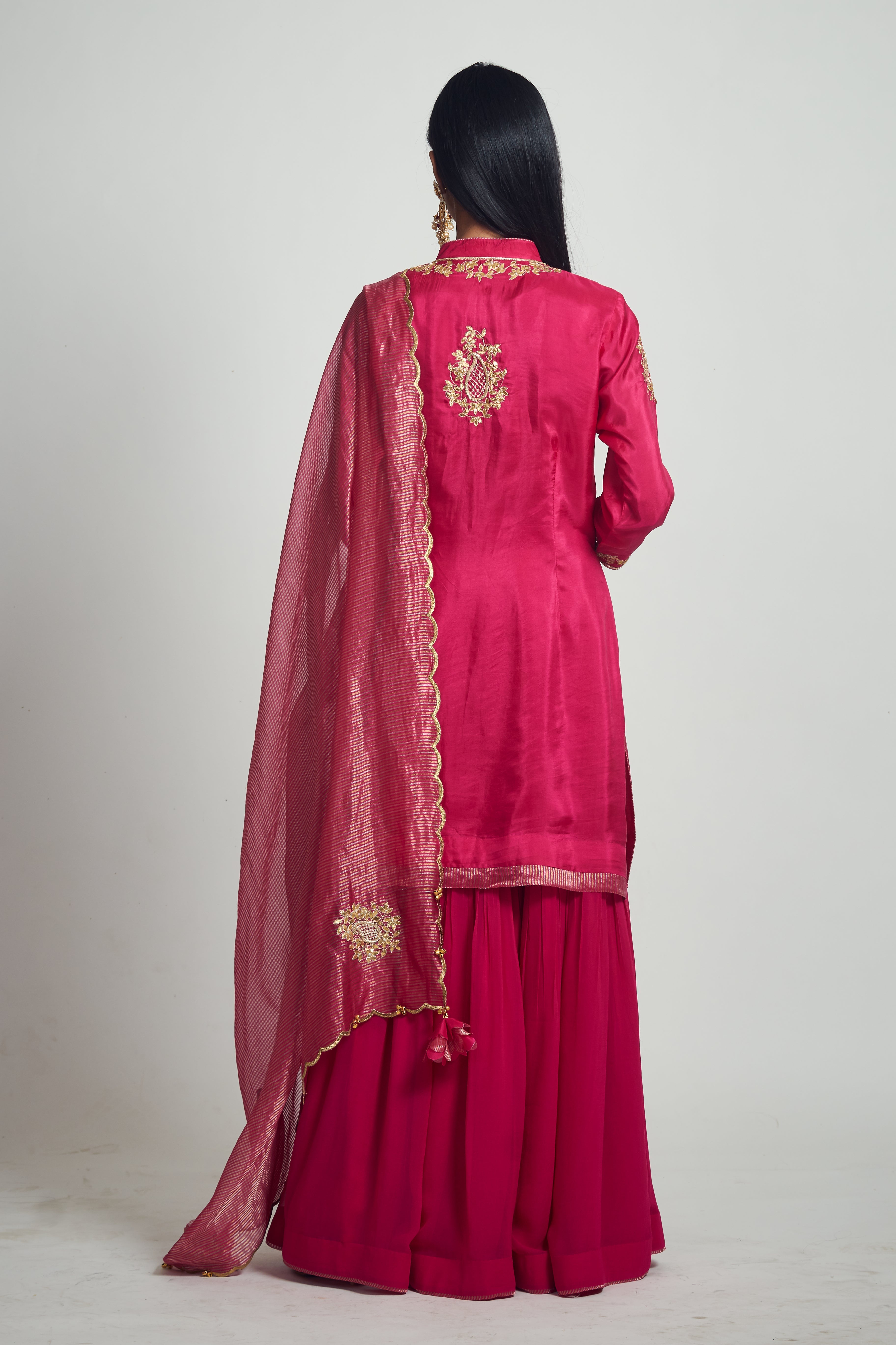 Nasira- Hotpink Pink Habutai Silk Gota Patti Embroidered Kurta With Garara And Dupatta