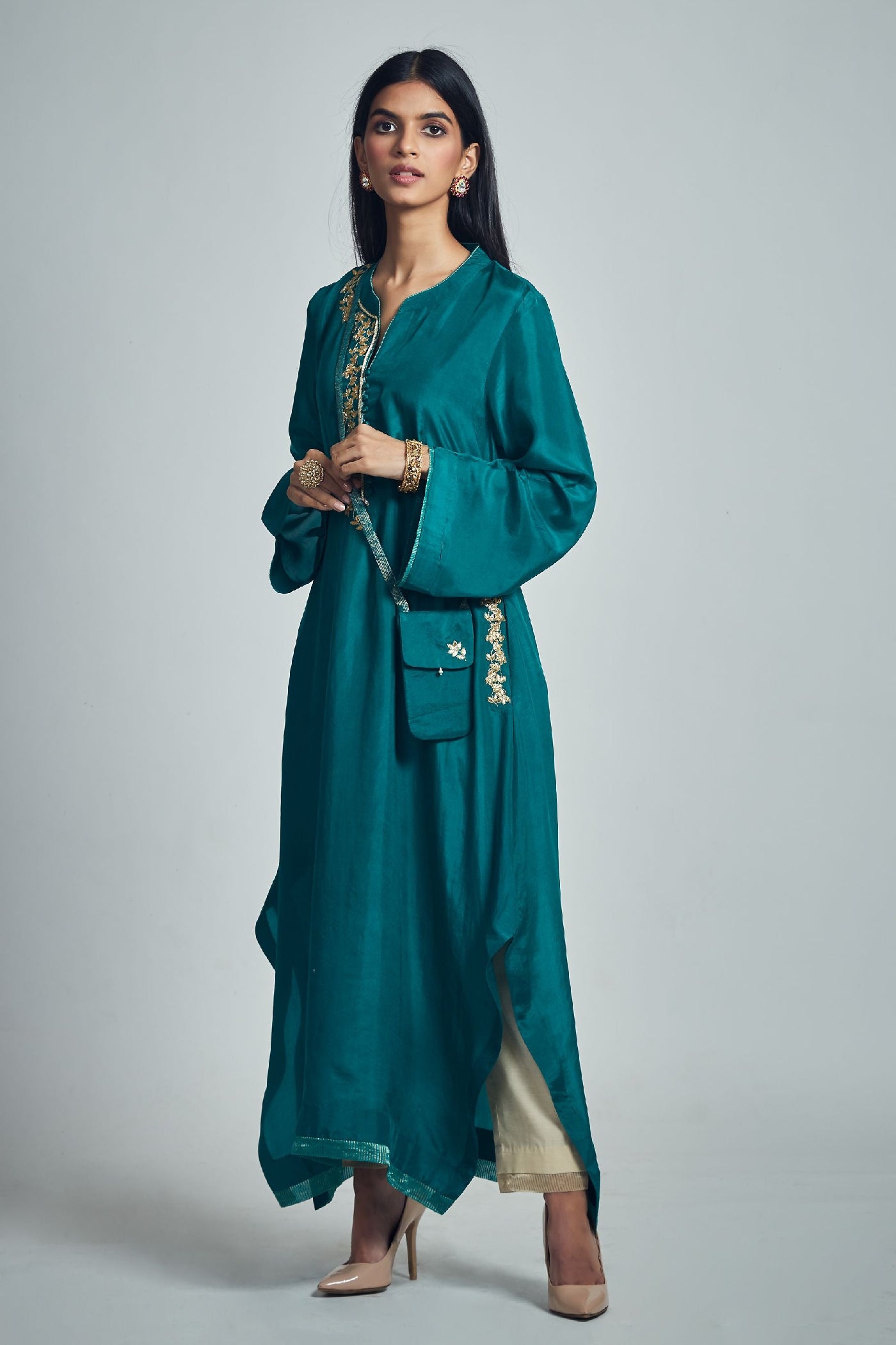 Nyasia- Emerald green Habutai silk Gota Patti embroidered choga