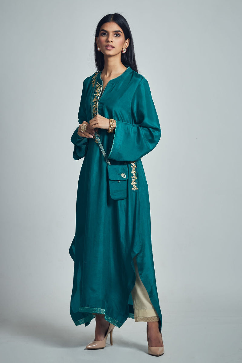 Nyasia- Emerald green Habutai silk Gota Patti embroidered choga