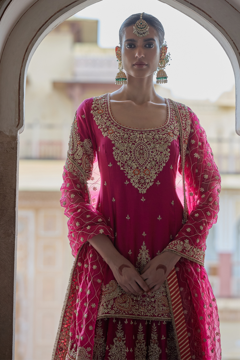 Alina - Dabka Zardozi Embroidered Silk Rani Hotpink Sharara Set