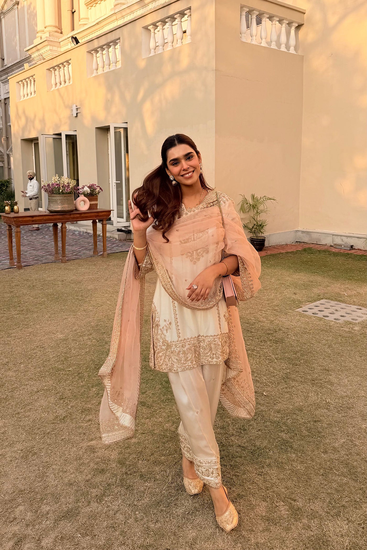 Ishika Bana in Dua Daisy Ivory Dabka Zardozi Embroidered Short Kurta Set