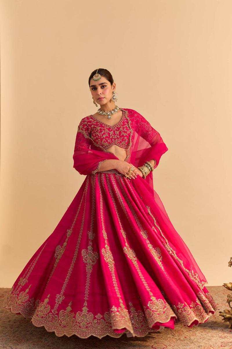 Naazila - Dabka Zardozi Embroidered Raw Silk Rani Hotpink Lehenga Set
