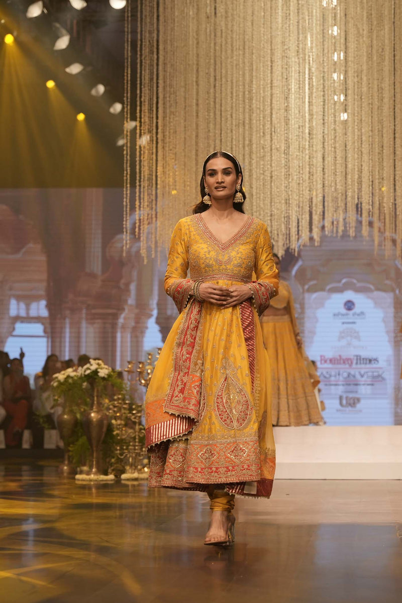 Shazia - Heirloom Mustard Anarkaali with Chooridaar