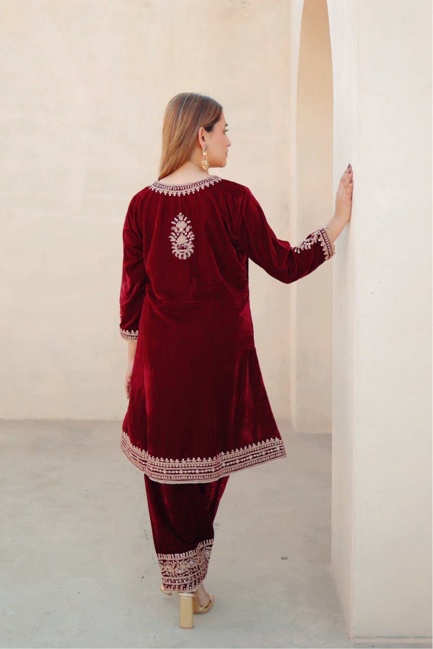 Asiyah - Maroon  Silk Velvet Short Kurta with Salwar (LXRTS)