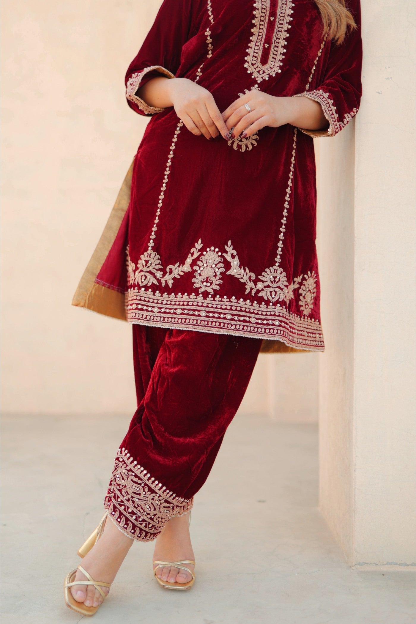Asiyah - Maroon  Silk Velvet Short Kurta with Salwar (LXRTS)