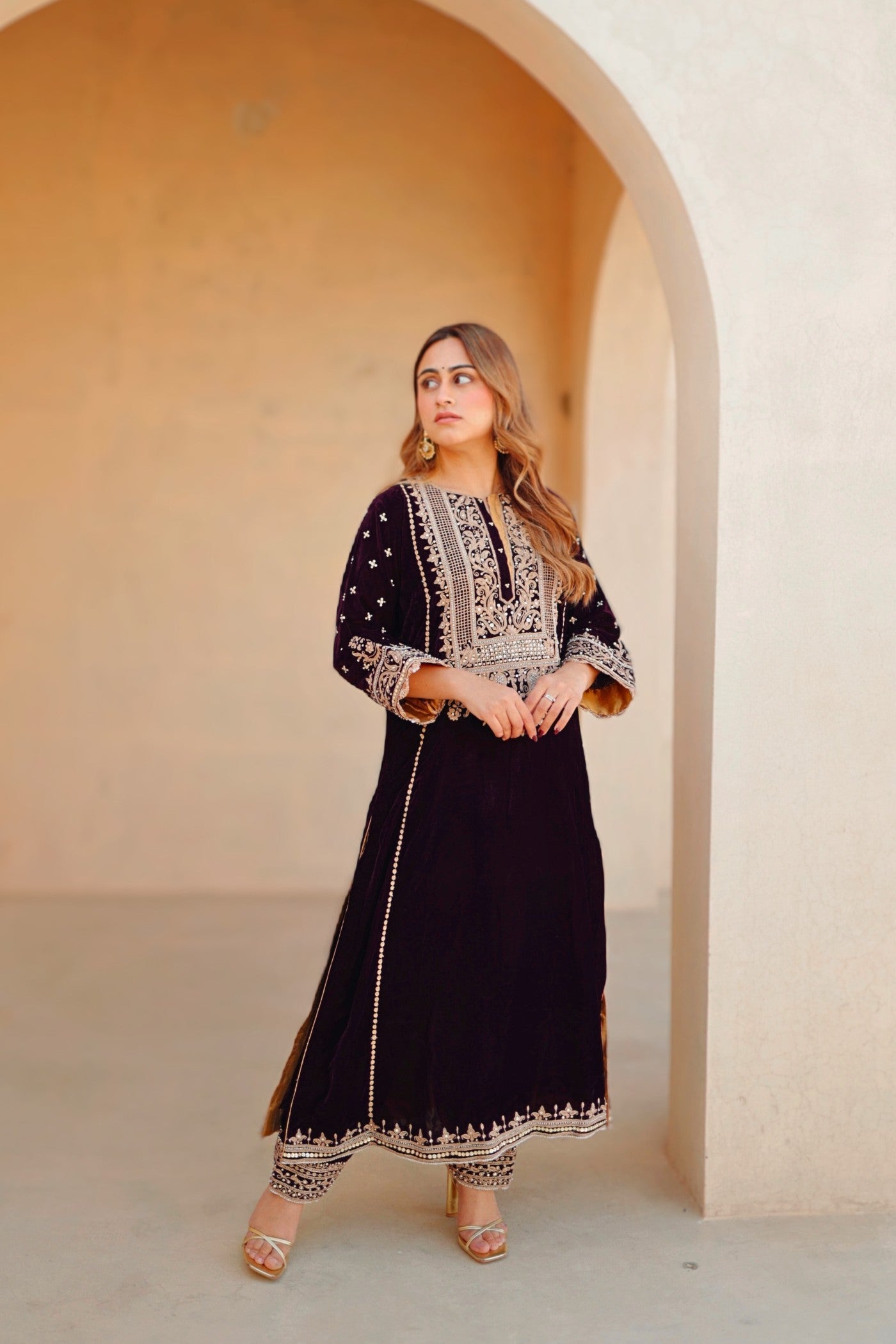 Marya - Silk Velvet Long A-line Kurta with Salwar