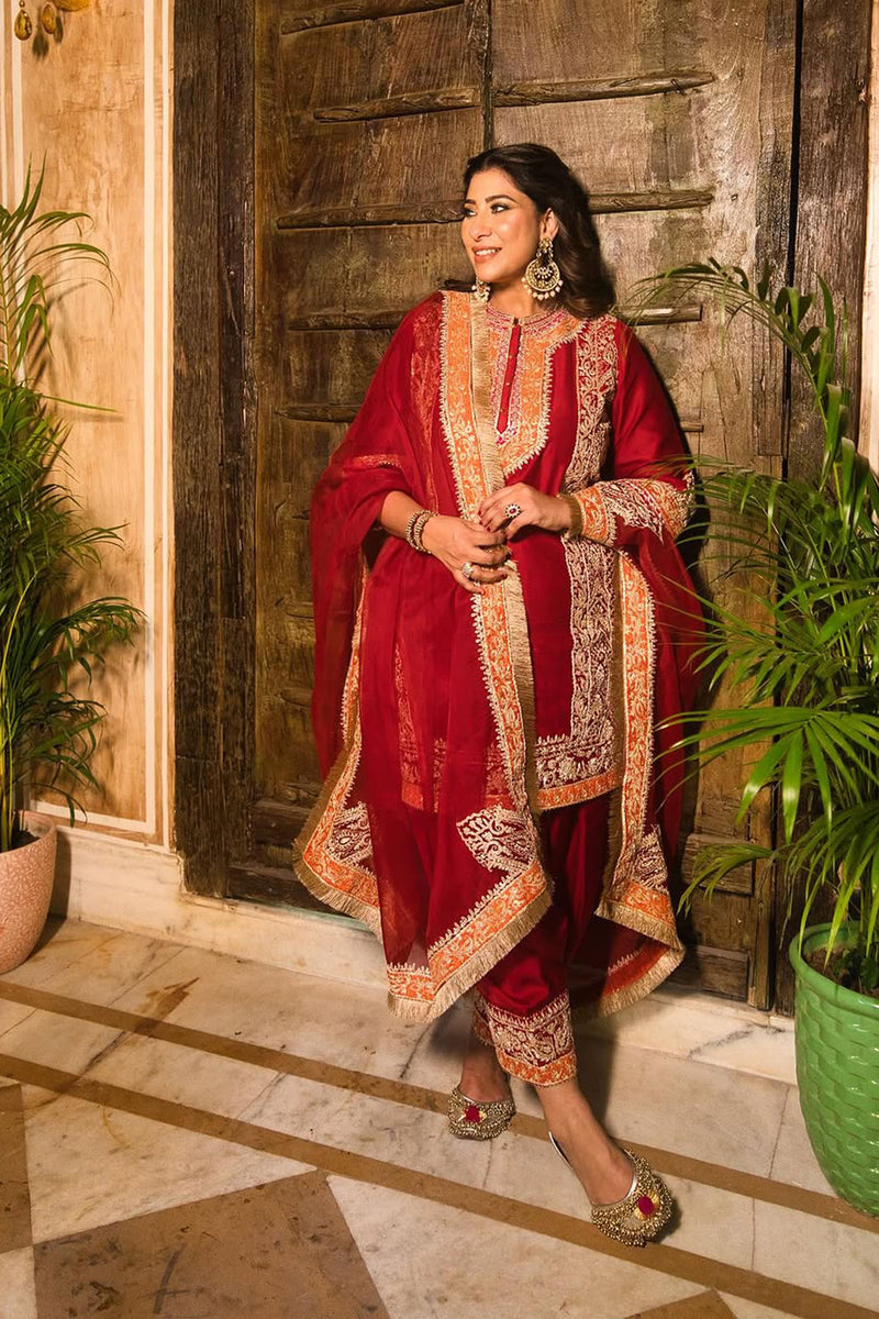 Sneha Arora In NAAYAAB - DEEP RED SHORT KURTA WITH SALWAR AND DUPATTA