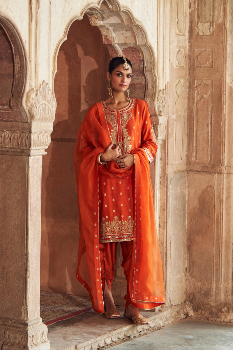 FAHMIDA - BURNT ORANGE SHORT KURTA WITH TULIP PANT
