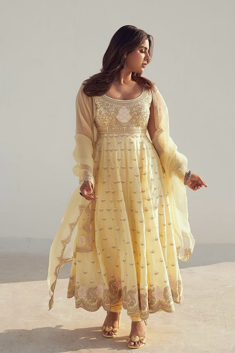Samyuktha In Wafiya - Lemon Yellow Ankle Length Anarkali with Chooridaar and Dupatta