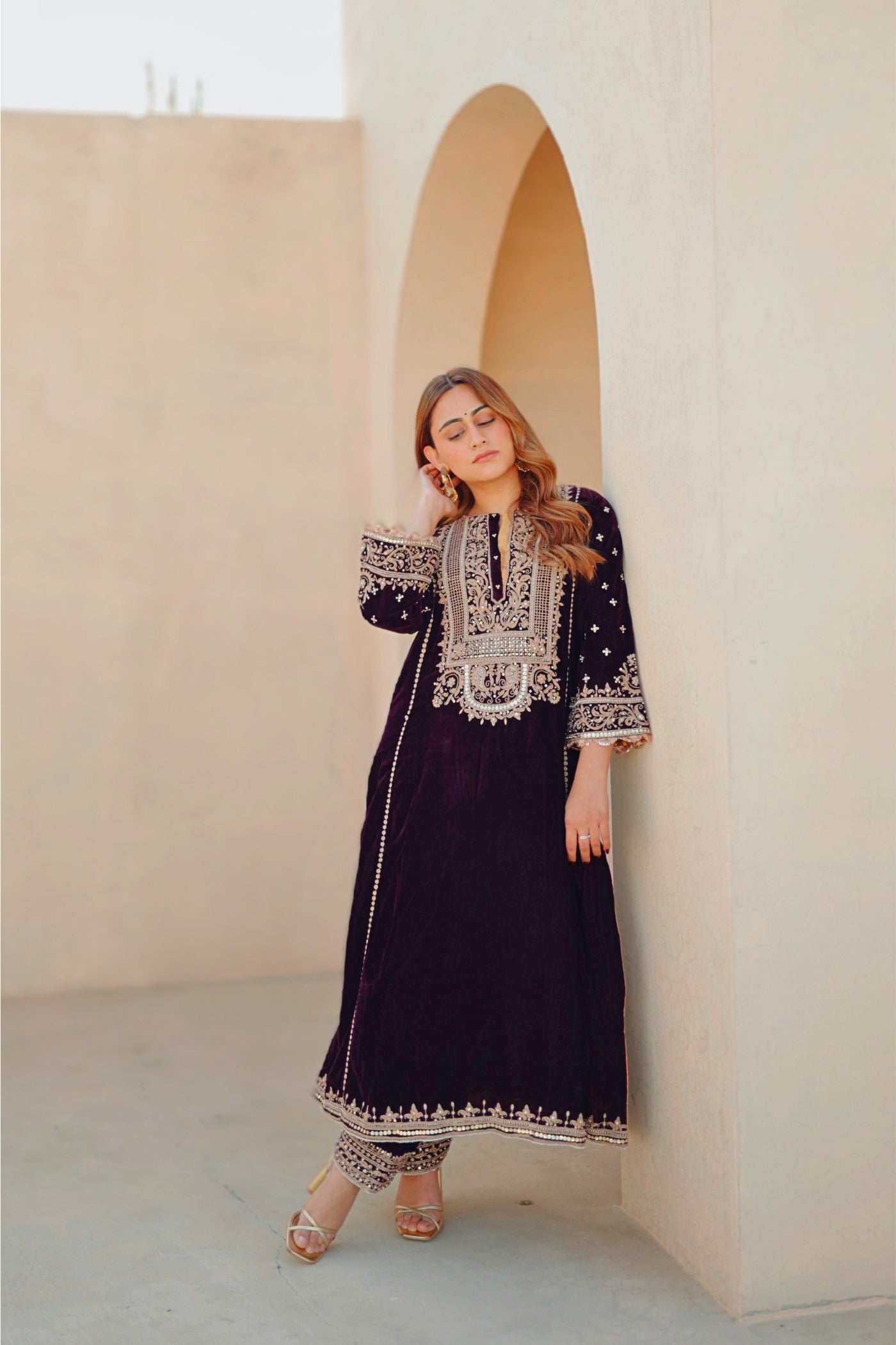 Marya - Silk Velvet Long A-line Kurta with Salwar