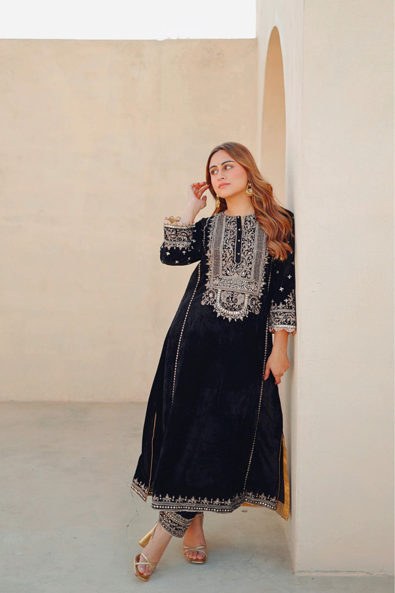 Marya - Black Silk Velvet Long A-line Kurta with Salwar