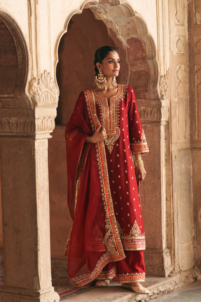 SUMAIRA - DEEP RED LONG KURTA WITH PALAZZO AND DUPATTA