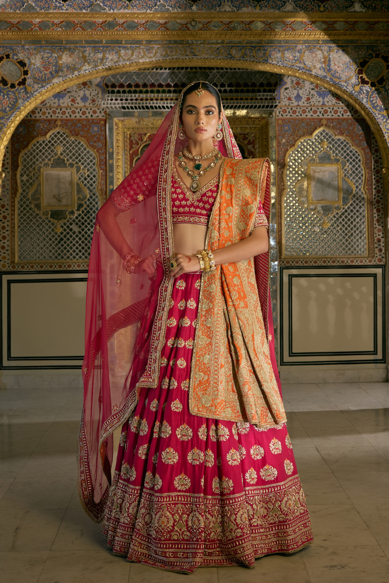Maira - Dabka Zardozi Embroidered Raw Silk Rani Hotpink Bridal Lehenga Set
