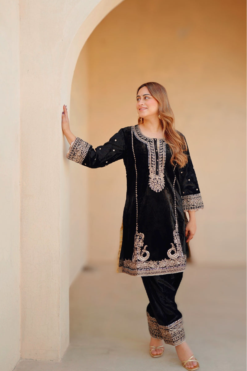 Ayat - Black Silk Velvet Short Kurta with Salwar
