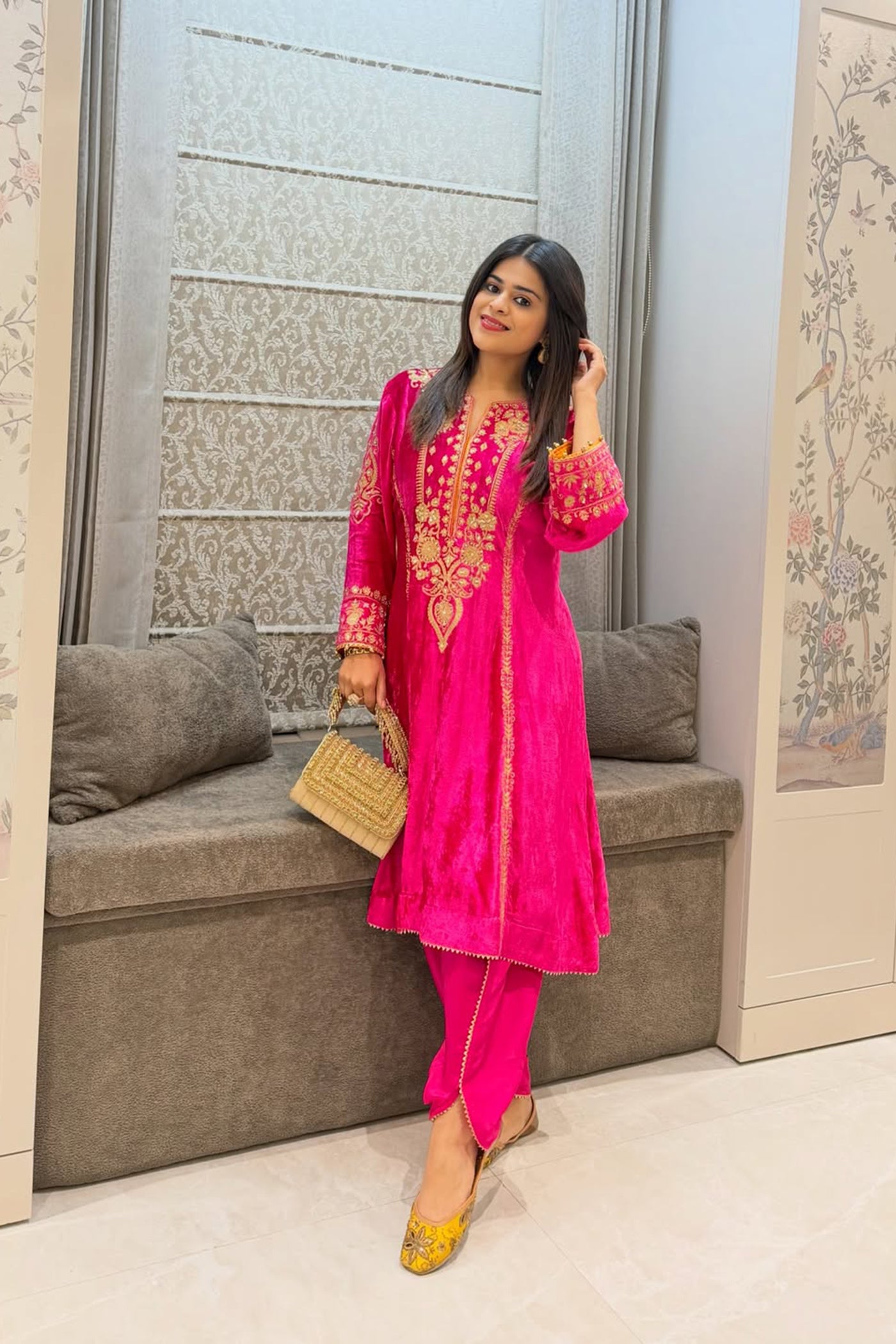 Shivangi Kohli In Ziara - Silk Velvet Hotpink Kurta with Dhoti