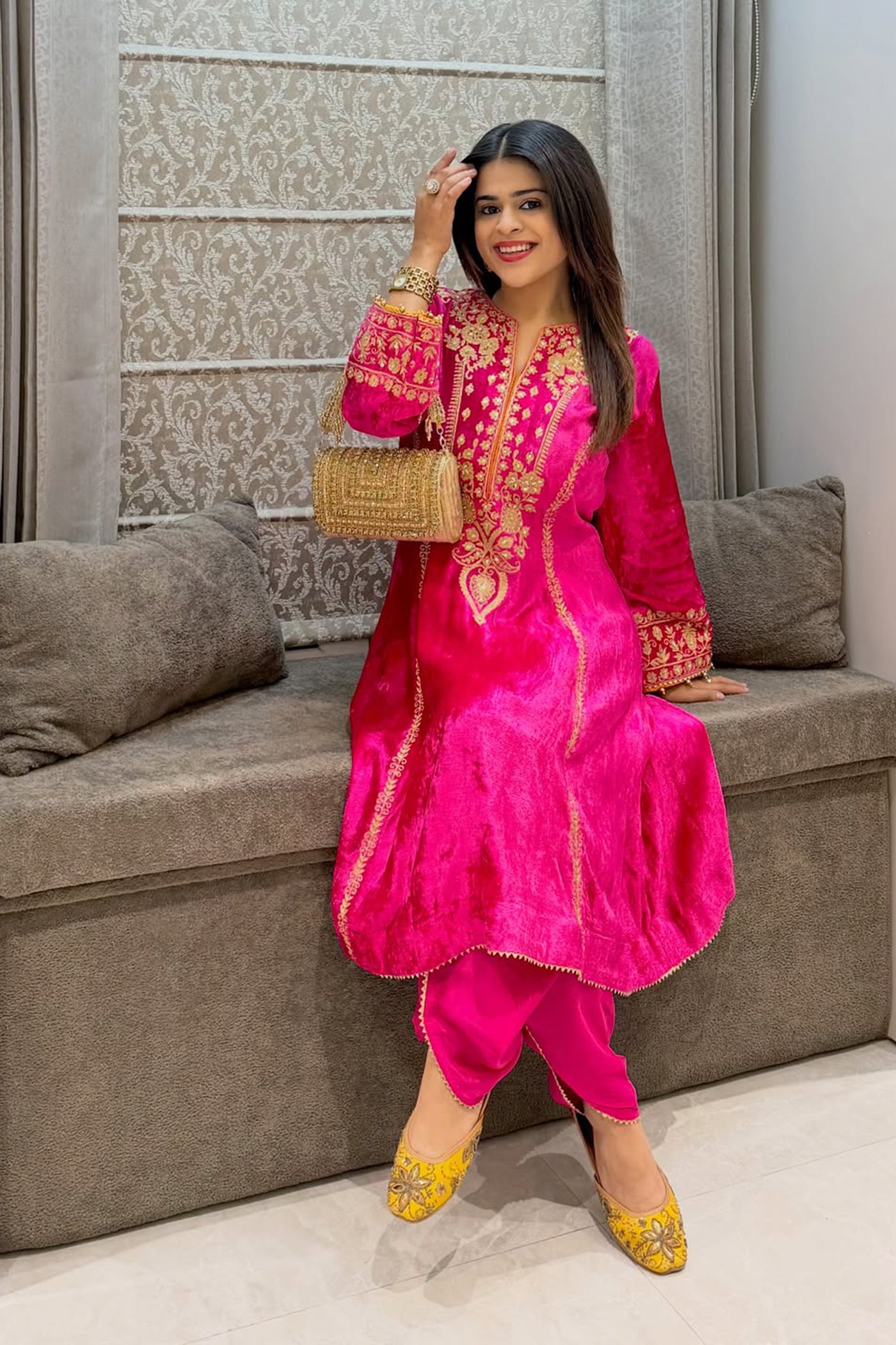 Shivangi Kohli In Ziara - Silk Velvet Hotpink Kurta with Dhoti