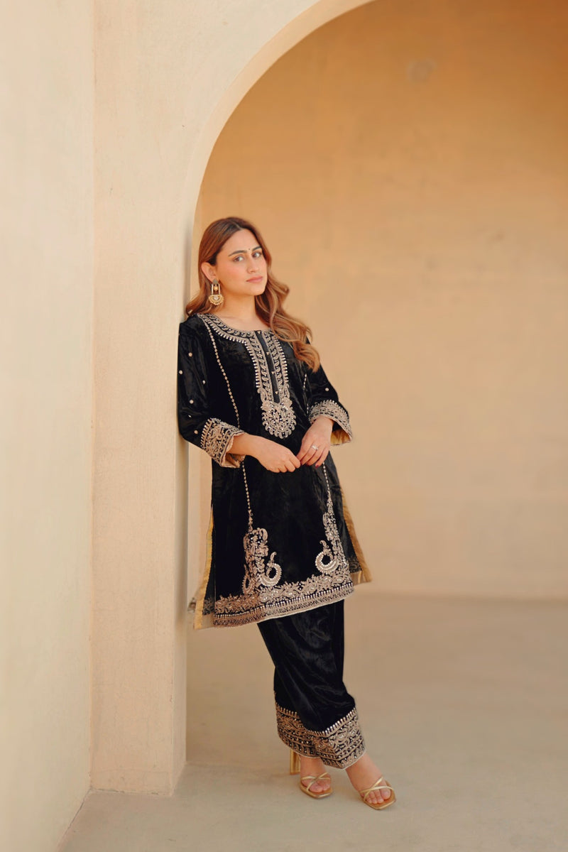 Ayat - Black Silk Velvet Short Kurta with Salwar