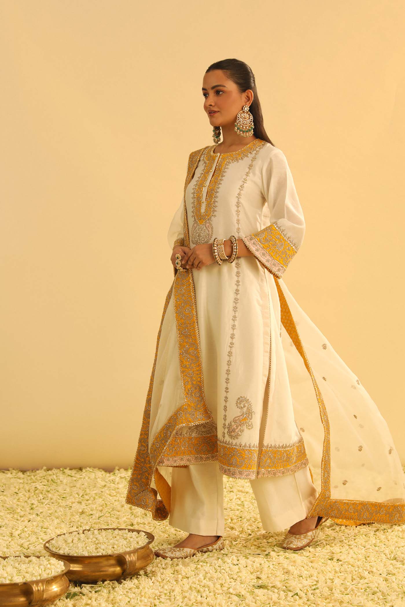 Asmira - Daisy Ivory Long Kurta with Palazzo & Dupatta (Lxrts)