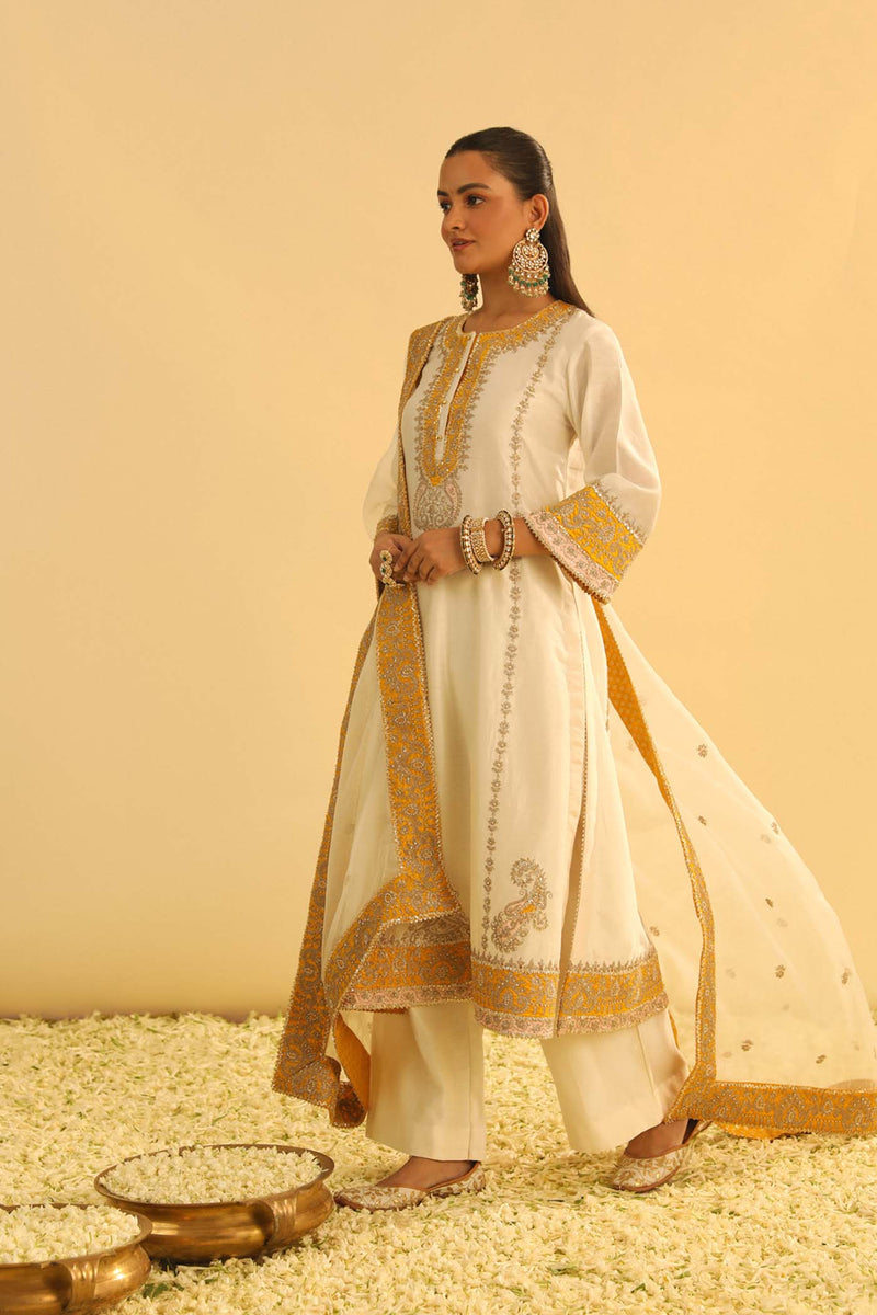 Asmira - Daisy Ivory Long Kurta with Palazzo & Dupatta (Lxrts)