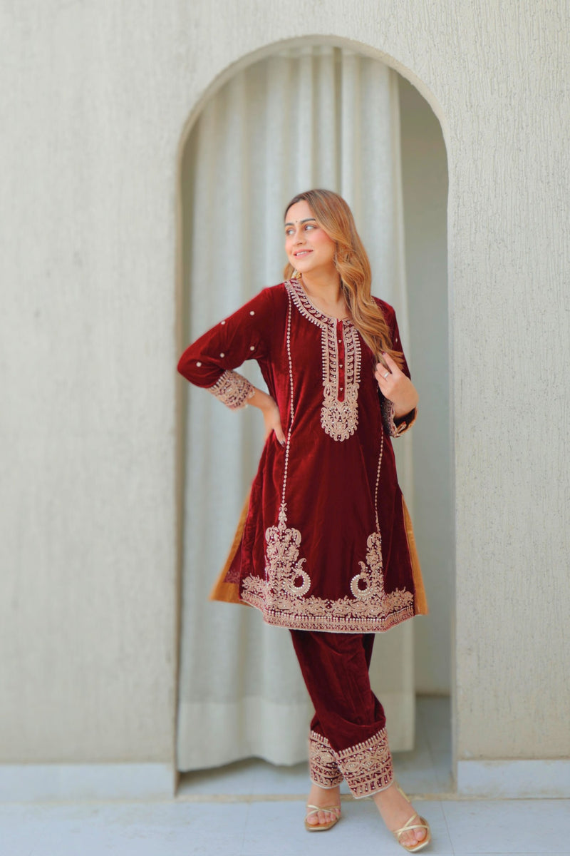 Ayat - Maroon Silk Velvet Short Kurta with Salwar
