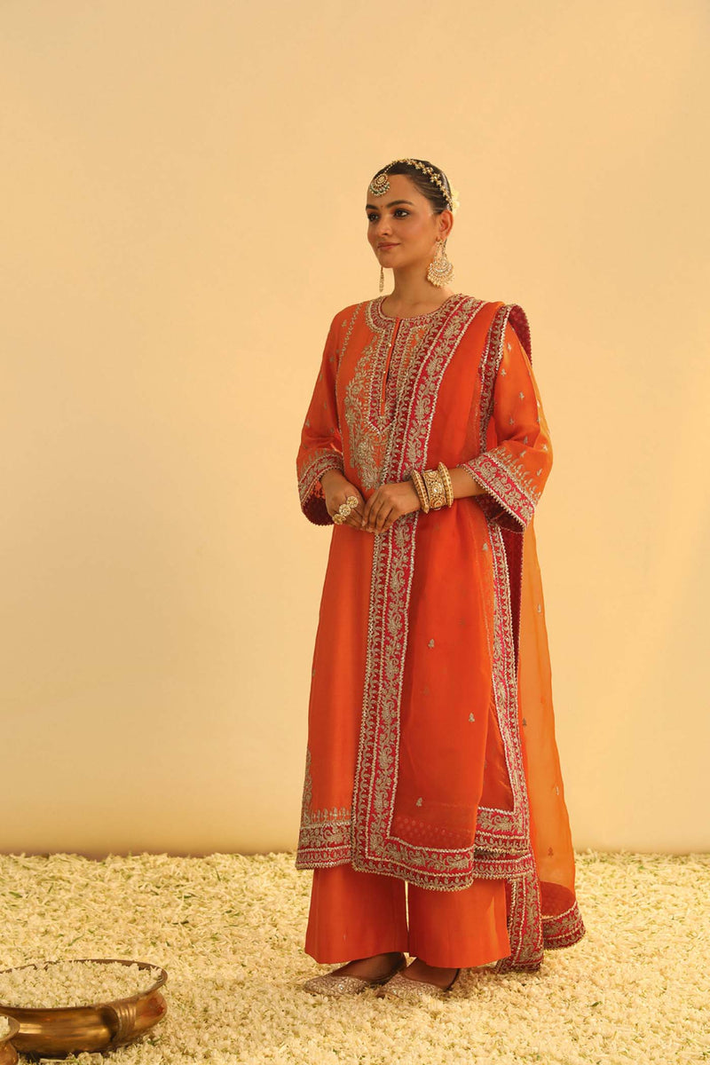 Mayra - Orange Long Kurta with Palazzo & Dupatta