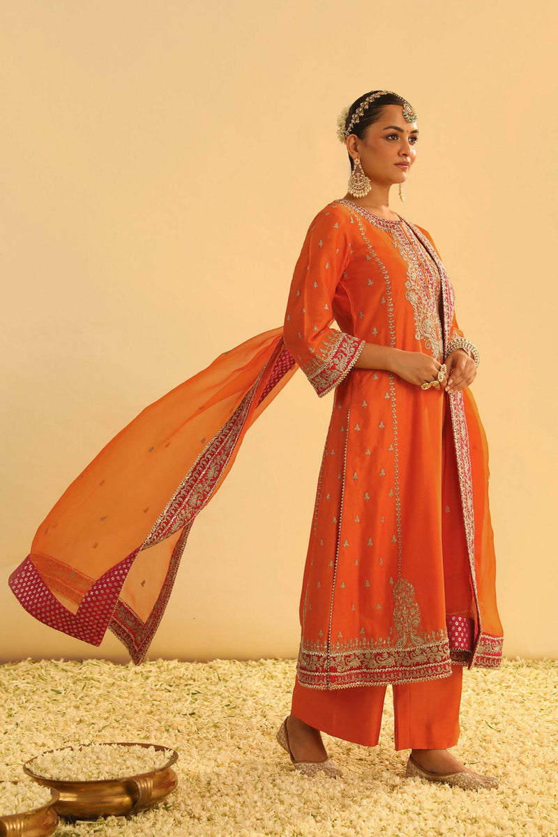 Mayra - Orange Long Kurta with Palazzo & Dupatta
