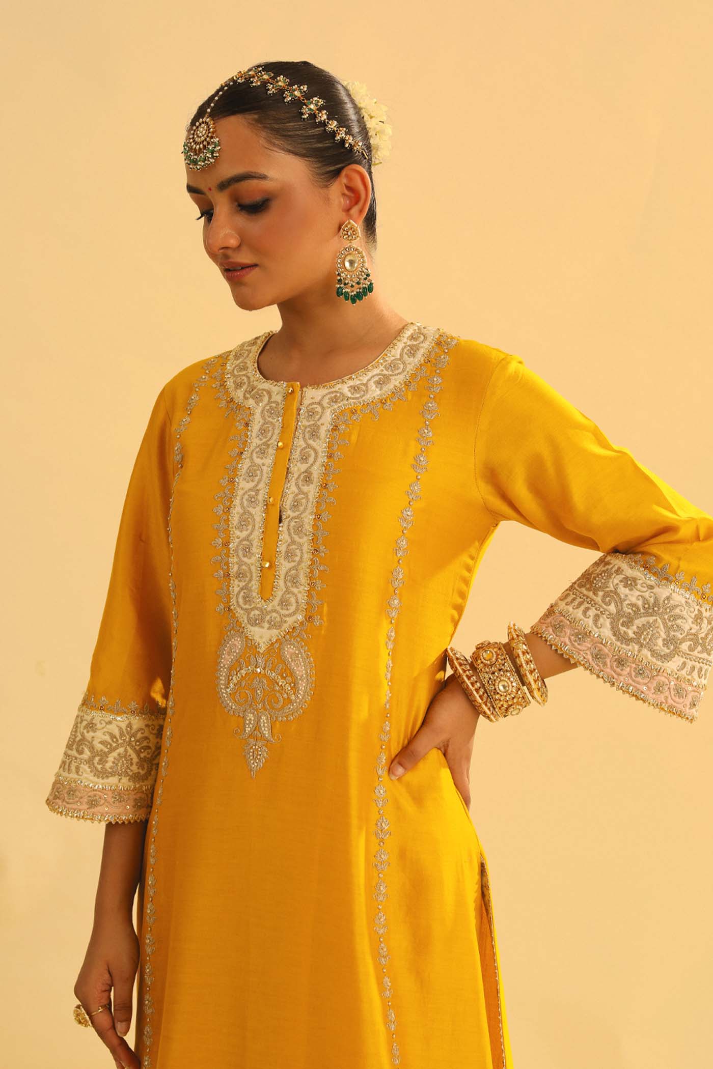 Asmira - Mustard Long Kurta with Palazzo & Dupatta