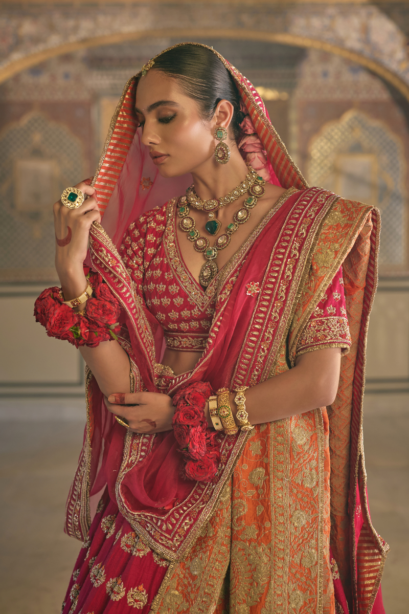 Maira - Dabka Zardozi Embroidered Raw Silk Rani Hotpink Bridal Lehenga Set