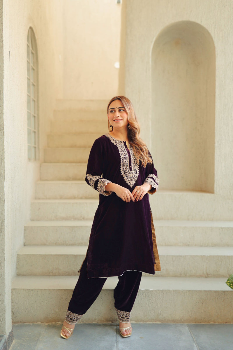 Zyra - Wine Silk Velvet Short Kurta with Salwar