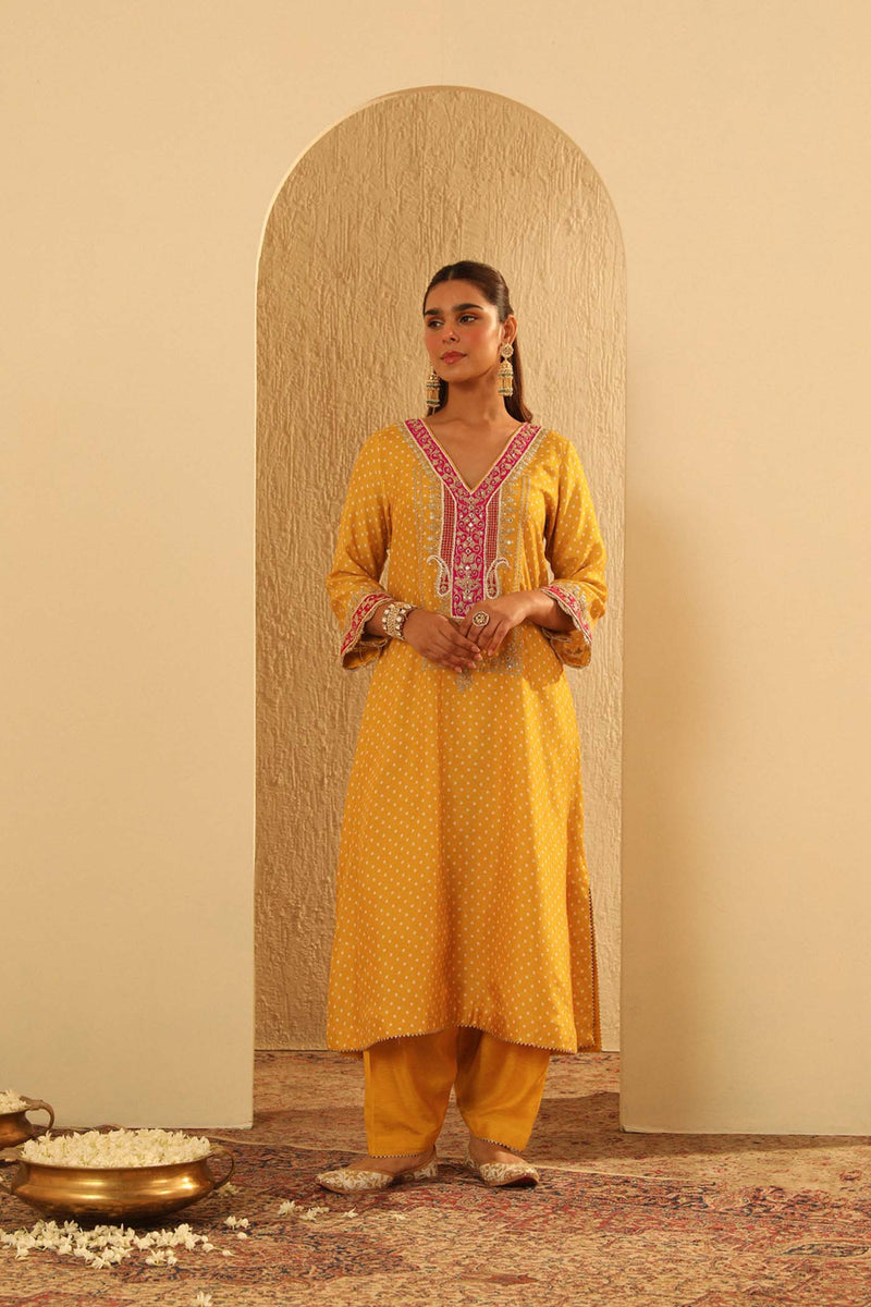Siara - Heirloom Mustard Long A-line Choga with Salwar