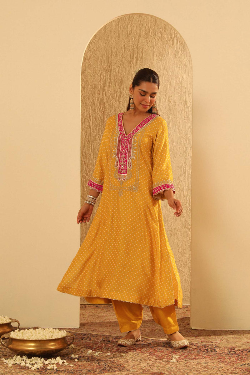 Siara - Heirloom Mustard Long A-line Choga with Salwar