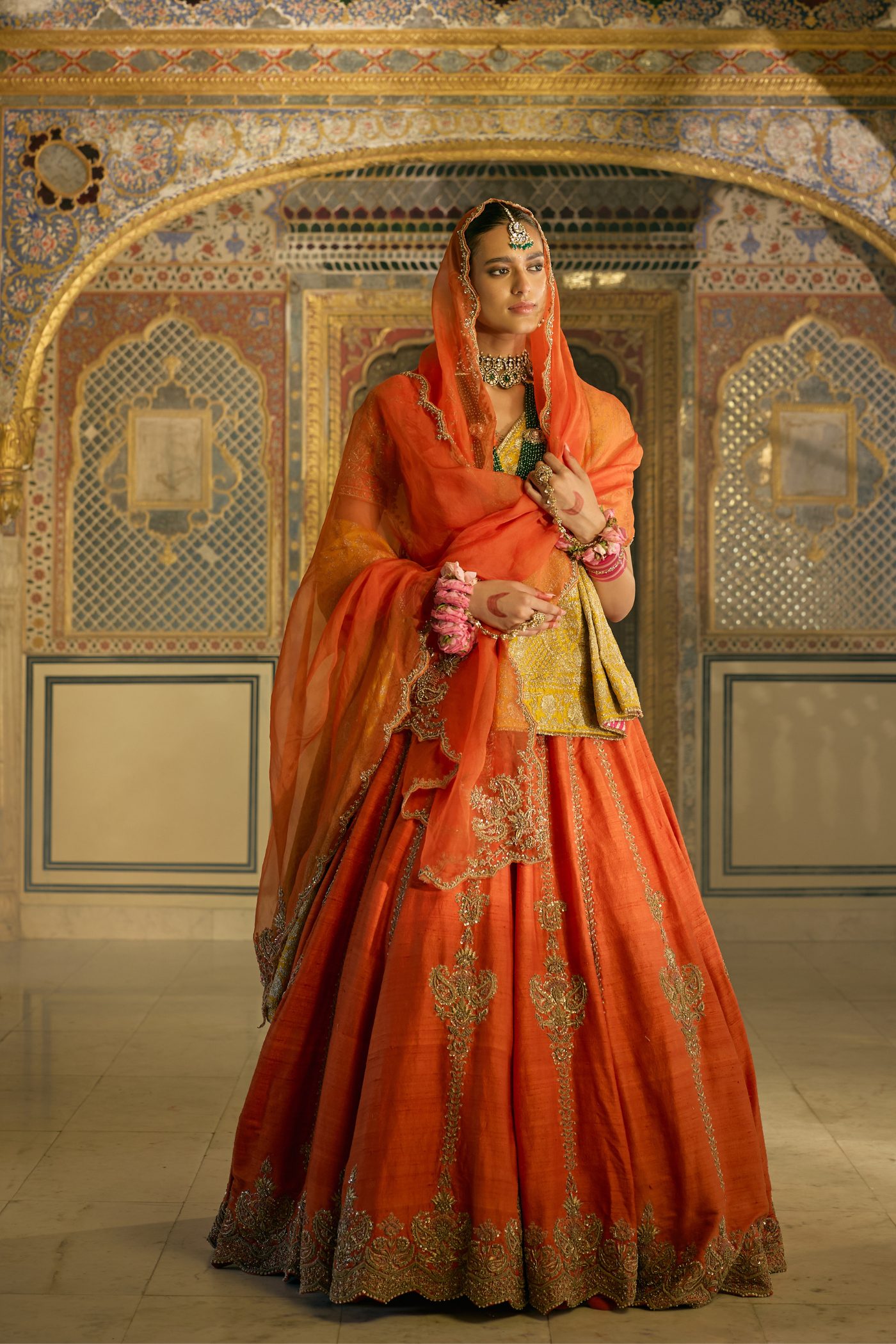 Naazila - Dabka Zardozi Embroidered Raw Silk Burnt Orange Lehenga Set