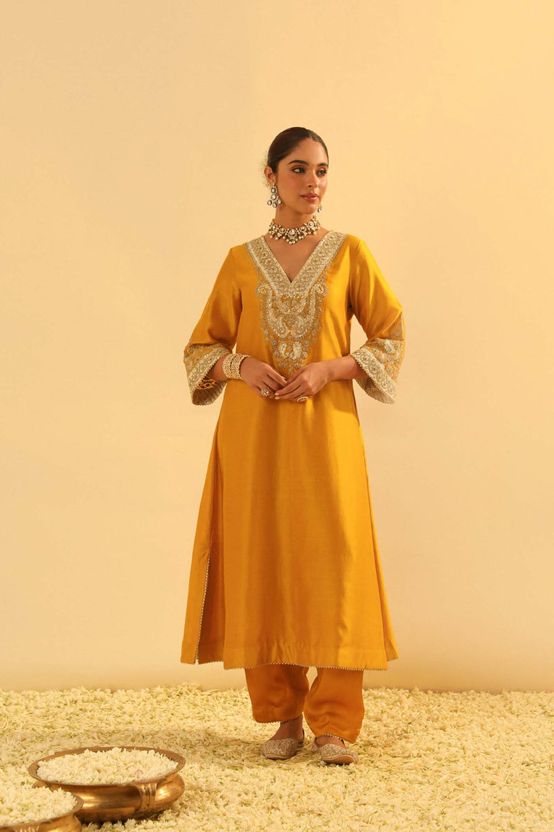 Shazana - Heirloom Mustard Long A-line Choga with Salwar