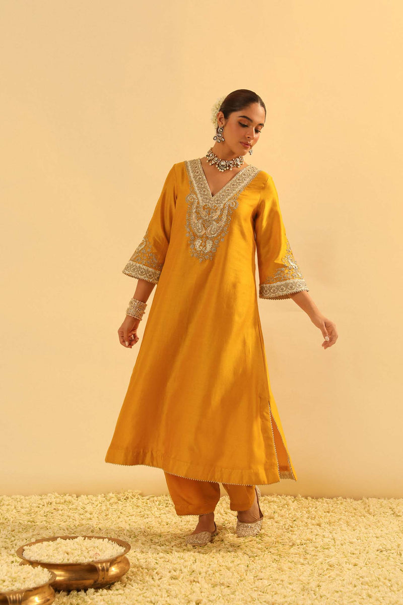Shazana - Heirloom Mustard Long A-line Choga with Salwar
