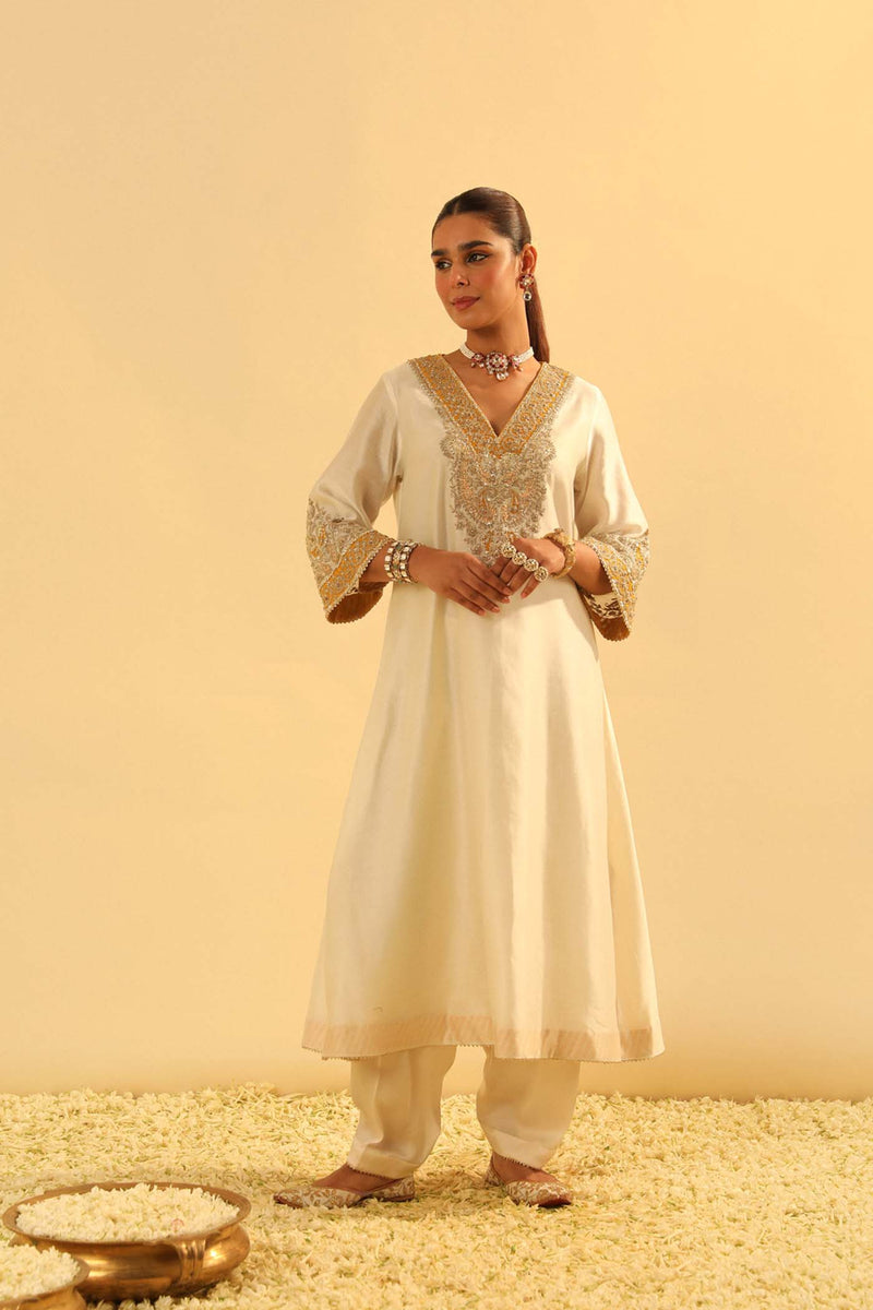 Shazana - Daisy Ivory Long A-line Choga with Salwar