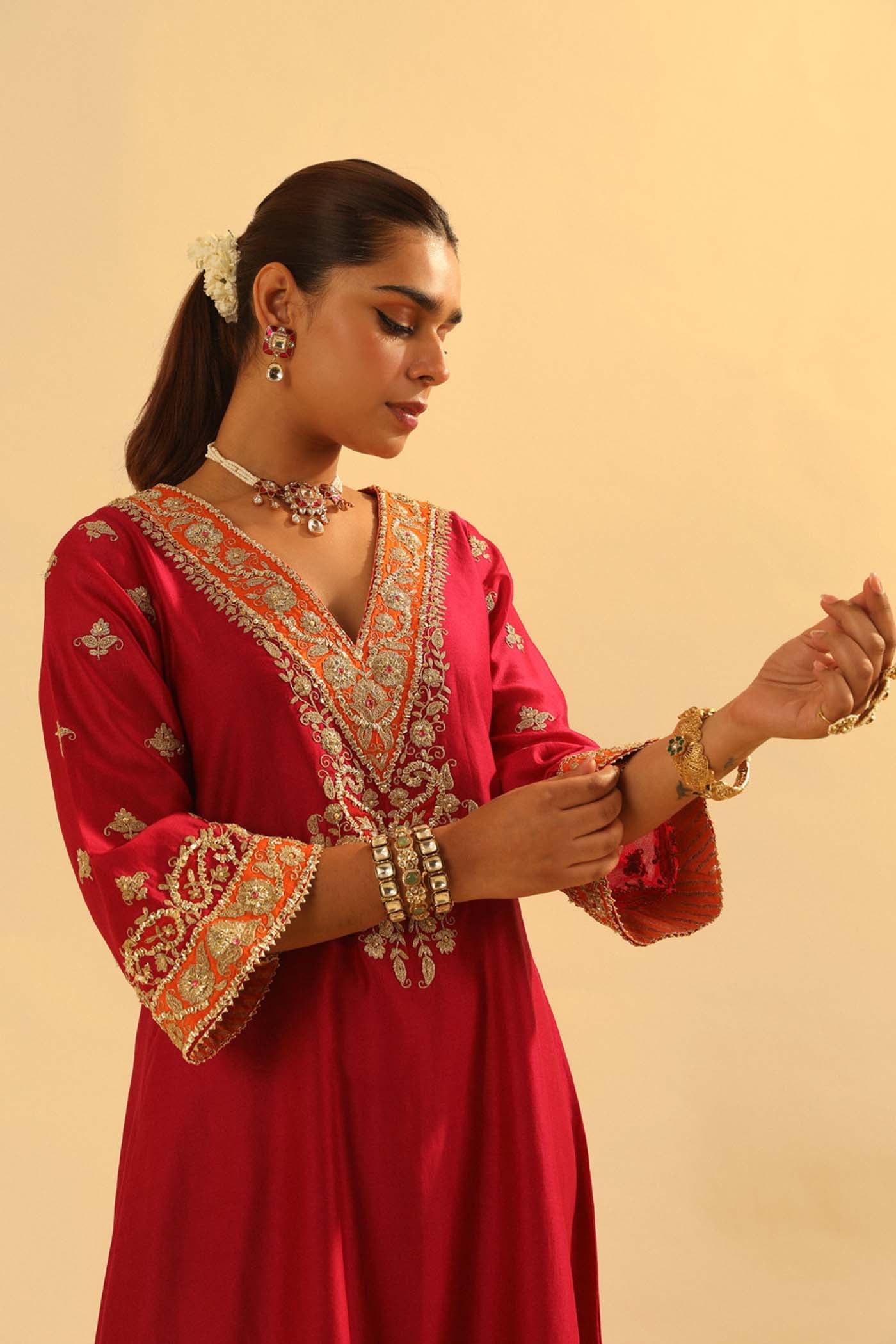 Alima - Red Long A-line Choga with Salwar (Lxrts)